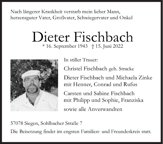 Traueranzeige von Dieter Fischbach von Siegener Zeitung