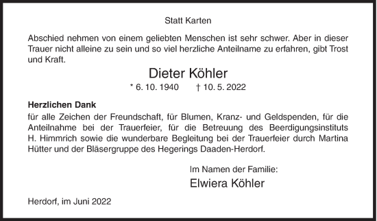 Traueranzeige von Dieter Köhler von Siegener Zeitung