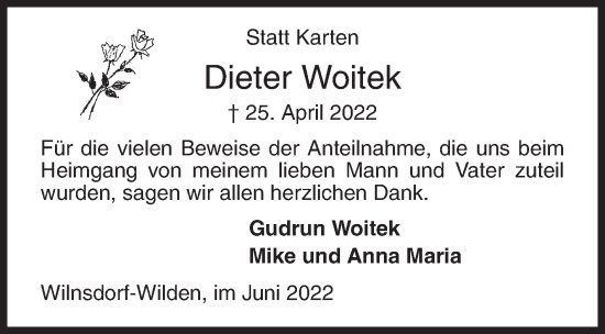 Traueranzeige von Dieter Woitek von Siegener Zeitung