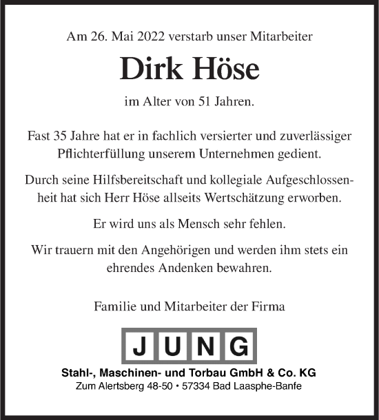 Traueranzeige von Dirk Höse von Siegener Zeitung