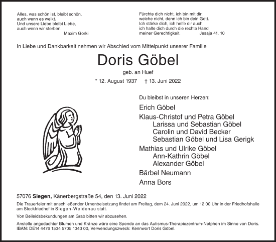 Traueranzeige von Doris Göbel von Siegener Zeitung
