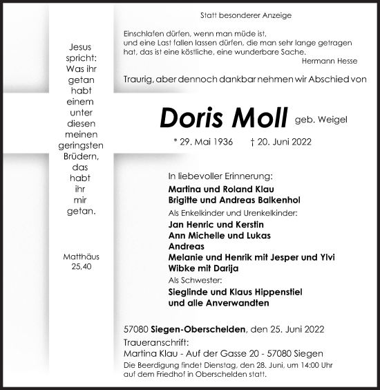 Traueranzeige von Doris Moll von Siegener Zeitung