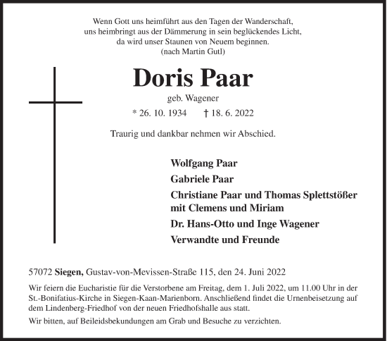 Traueranzeige von Doris Paar von Siegener Zeitung