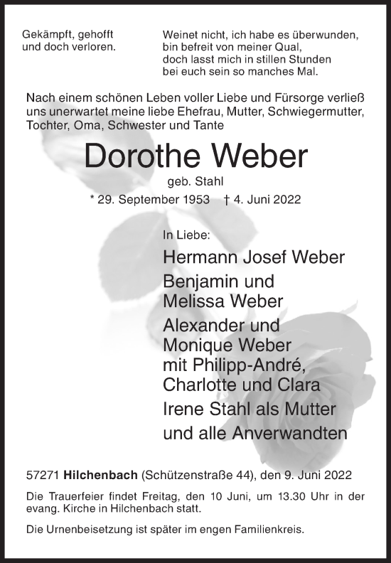 Traueranzeige von Dorothe Weber von Siegener Zeitung