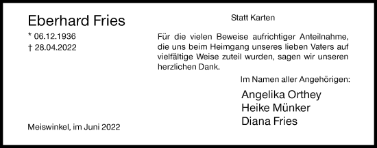 Traueranzeige von Eberhard Fries von Siegener Zeitung