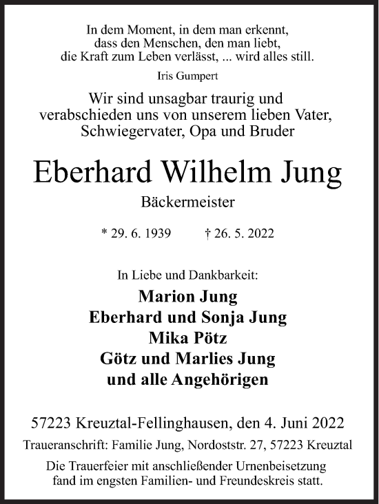 Traueranzeige von Eberhard Wilhelm Jung von Siegener Zeitung