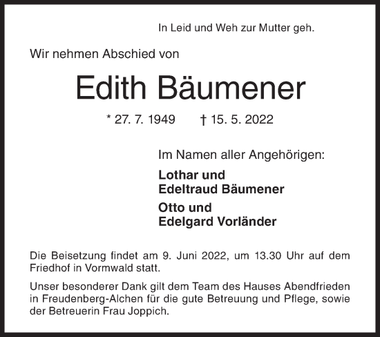 Traueranzeige von Edith Bäumener von Siegener Zeitung