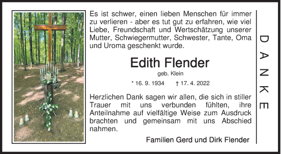 Traueranzeige von Edith Flender von Siegener Zeitung