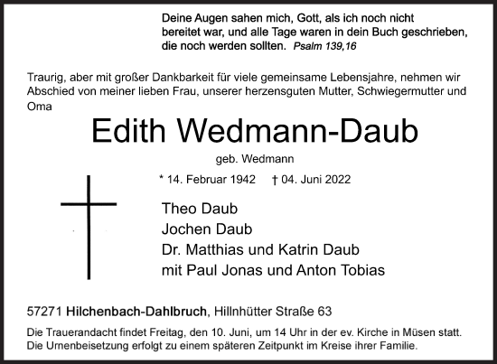 Traueranzeige von Edith Wedmann-Daub von Siegener Zeitung