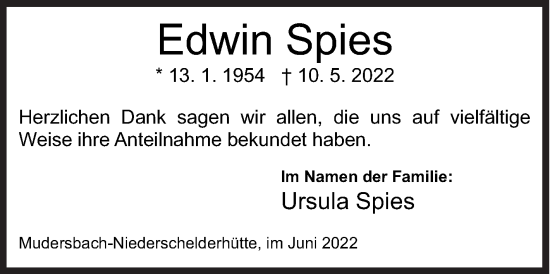 Traueranzeige von Edwin Spies von Siegener Zeitung