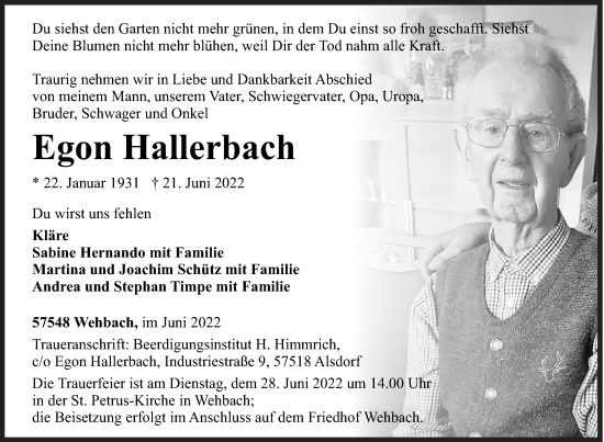 Traueranzeige von Egon Hallerbach von Siegener Zeitung