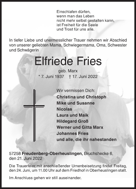 Traueranzeige von Elfriede Fries von Siegener Zeitung