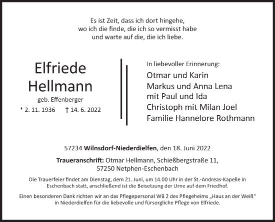 Traueranzeige von Elfriede Hellmann von Siegener Zeitung
