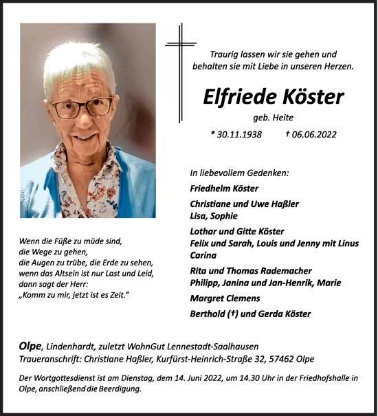 Traueranzeige von Elfriede Köster von Siegener Zeitung