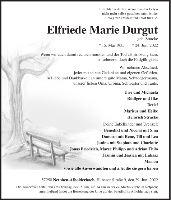 Traueranzeige von Elfriede Marie Durgut von Siegener Zeitung