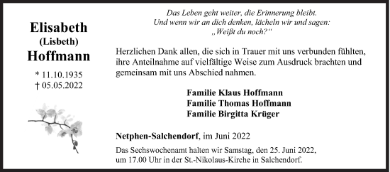 Traueranzeige von Elisabeth Hoffmann von Siegener Zeitung