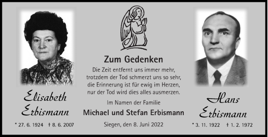 Traueranzeige von Elisabeth und Hans Erbismann von Siegener Zeitung