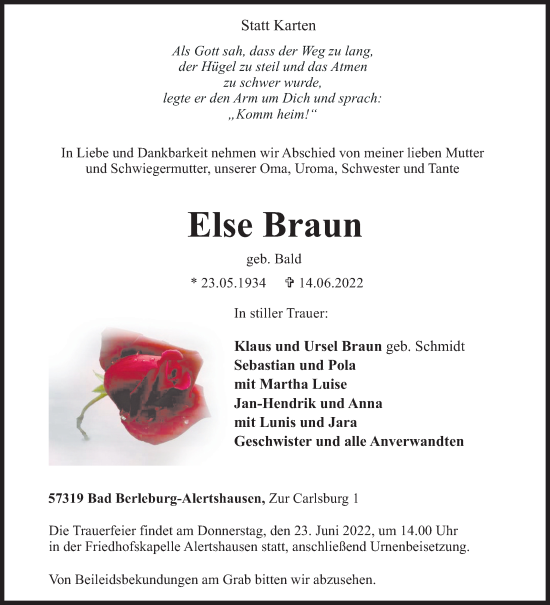 Traueranzeige von Else Braun von Siegener Zeitung