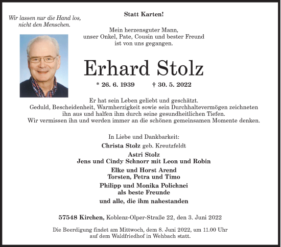 Traueranzeige von Erhard Stolz von Siegener Zeitung