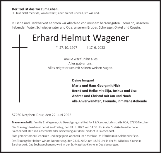 Traueranzeige von Erhard Helmut Wagener von Siegener Zeitung