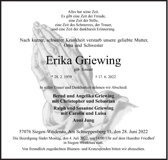 Traueranzeige von Erika Griewing von Siegener Zeitung