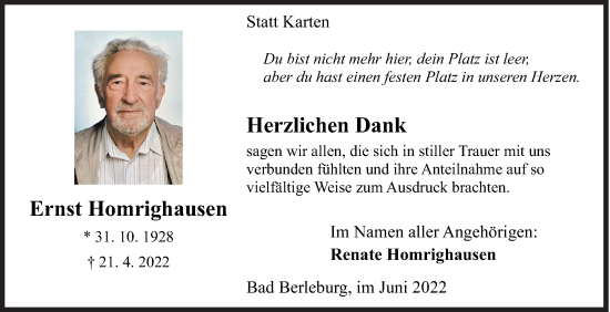 Traueranzeige von Ernst Homrighausen von Siegener Zeitung