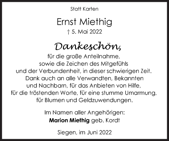 Traueranzeige von Ernst Miethig von Siegener Zeitung