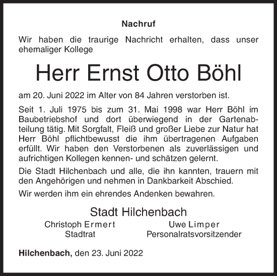 Traueranzeige von Ernst Otto Böhl von Siegener Zeitung