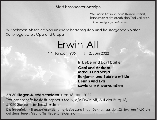 Traueranzeige von Erwin Alt von Siegener Zeitung