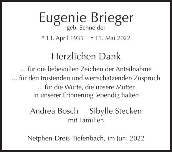 Traueranzeige von Eugenie Brieger von Siegener Zeitung