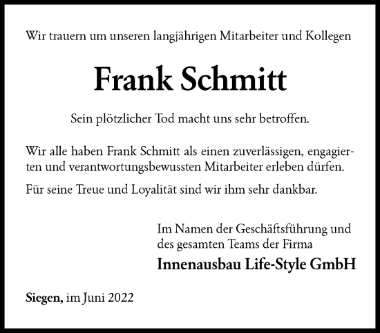 Traueranzeige von Frank Schmitt von Siegener Zeitung