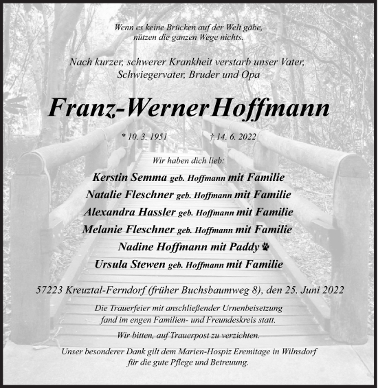 Traueranzeige von Franz-Werner Hoffmann von Siegener Zeitung