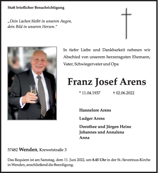 Traueranzeige von Franz Josef Arens von Siegener Zeitung