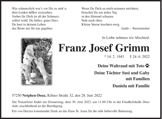 Traueranzeige von Franz Josef Grimm von Siegener Zeitung
