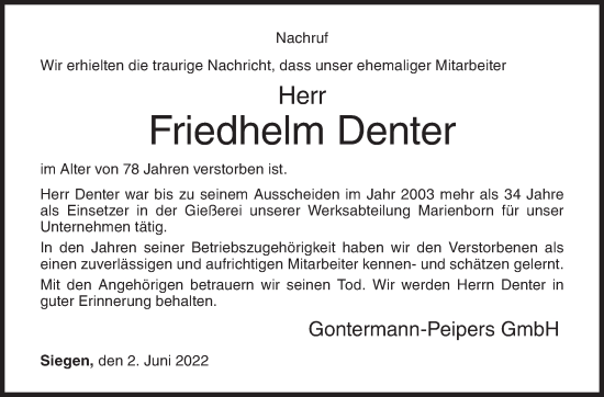 Traueranzeige von Friedhelm Denter von Siegener Zeitung