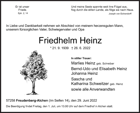 Traueranzeige von Friedhelm Heinz von Siegener Zeitung