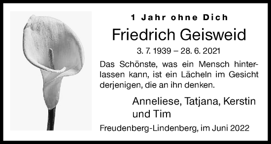 Traueranzeige von Friedrich Geisweid von Siegener Zeitung