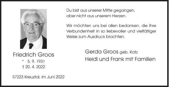 Traueranzeige von Friedrich Groos von Siegener Zeitung
