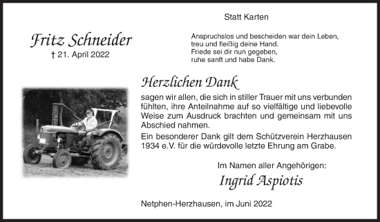 Traueranzeige von Fritz Schneider Karten von Siegener Zeitung
