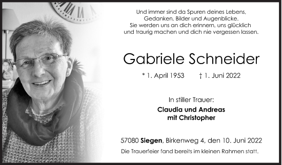Traueranzeige von Gabriele Schneider von Siegener Zeitung