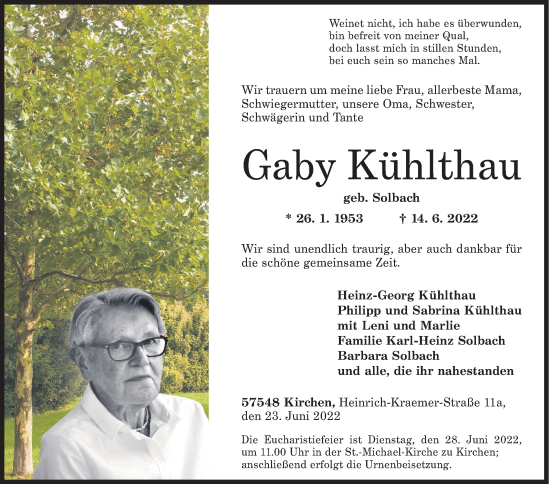 Traueranzeige von Gaby Kühlthau von Siegener Zeitung