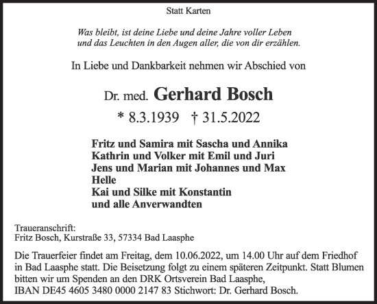 Traueranzeige von Gerhard Bosch von Siegener Zeitung