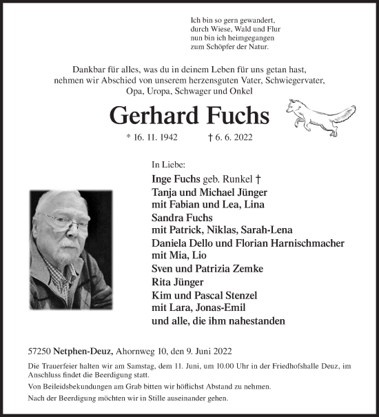 Traueranzeige von Gerhard Fuchs von Siegener Zeitung
