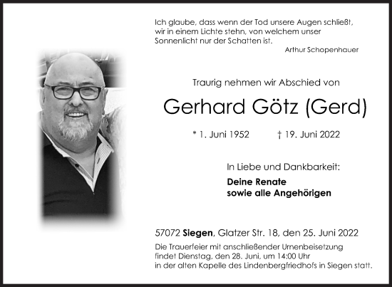 Traueranzeige von Gerhard Götz von Siegener Zeitung