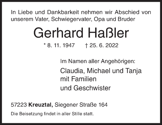 Traueranzeige von Gerhard Haßler von Siegener Zeitung