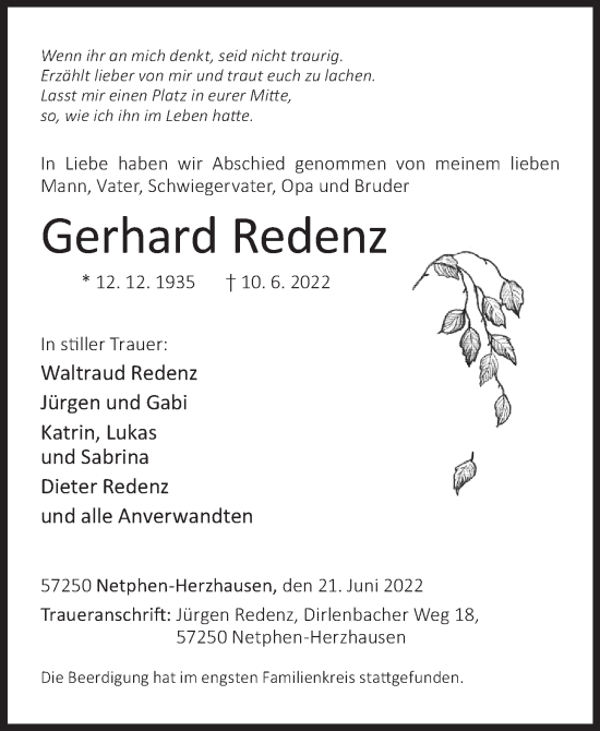 Traueranzeige von Gerhard Redenz von Siegener Zeitung