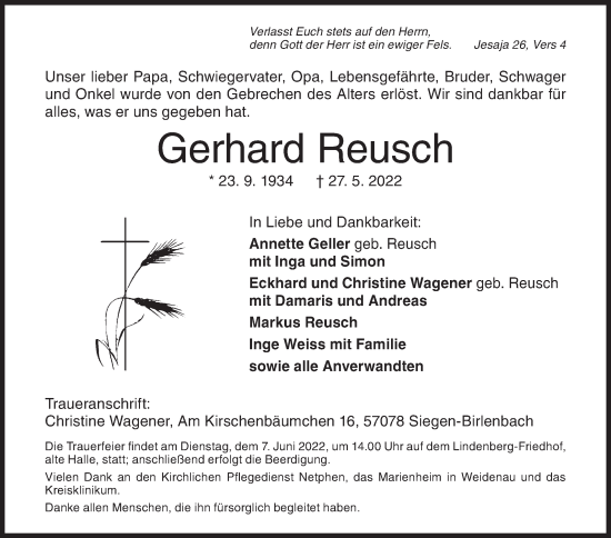 Traueranzeige von Gerhard Reusch von Siegener Zeitung