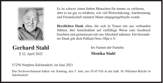 Traueranzeige von Gerhard Stahl von Siegener Zeitung