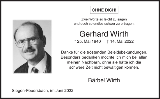 Traueranzeige von Gerhard Wirth von Siegener Zeitung