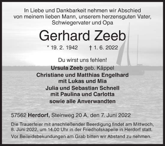 Traueranzeige von Gerhard Zeeb von Siegener Zeitung